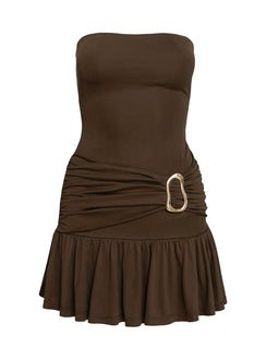 back view of model wearing Princess Polly Love Lingers Strapless Mini Dress Chocolate Straight Neck 
