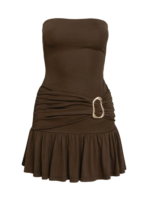 back view of model wearing Princess Polly Love Lingers Strapless Mini Dress Chocolate Straight Neck 