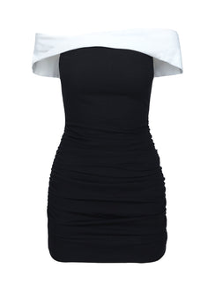 back view of model wearing Princess Polly Marcia Mini Dress Black / White Straight Neck 
