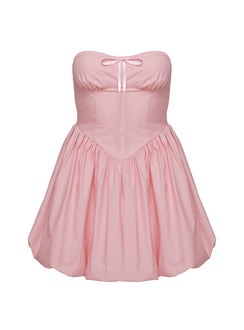 back view of model wearing Princess Polly Melaina Bubble Hem Mini Dress Pink Sweetheart Neckline 