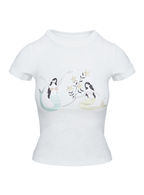back view of model wearing Princess Polly Mermaid Soul Tee White Short Sleeves Crew Neck 