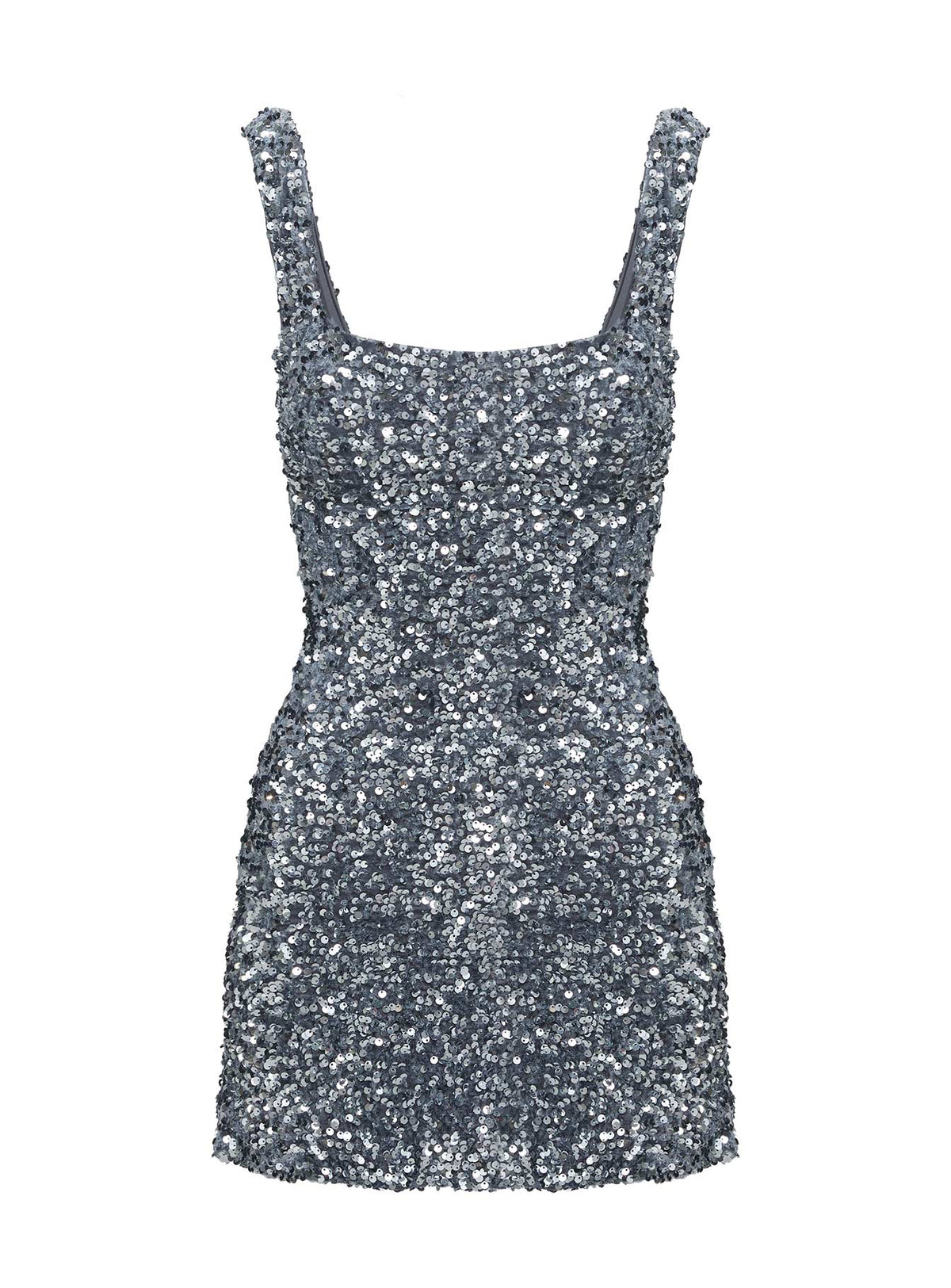 back view of model wearing Princess Polly Miss Me Sequin Mini Dress Silver Square Neck 