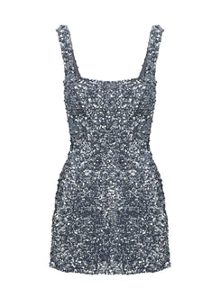 back view of model wearing Princess Polly Miss Me Sequin Mini Dress Silver Square Neck 