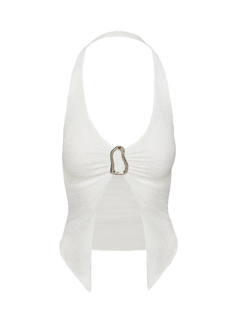 back view of model wearing Princess Polly Moderna Halter Lace Top White Sleeveless Plunger 