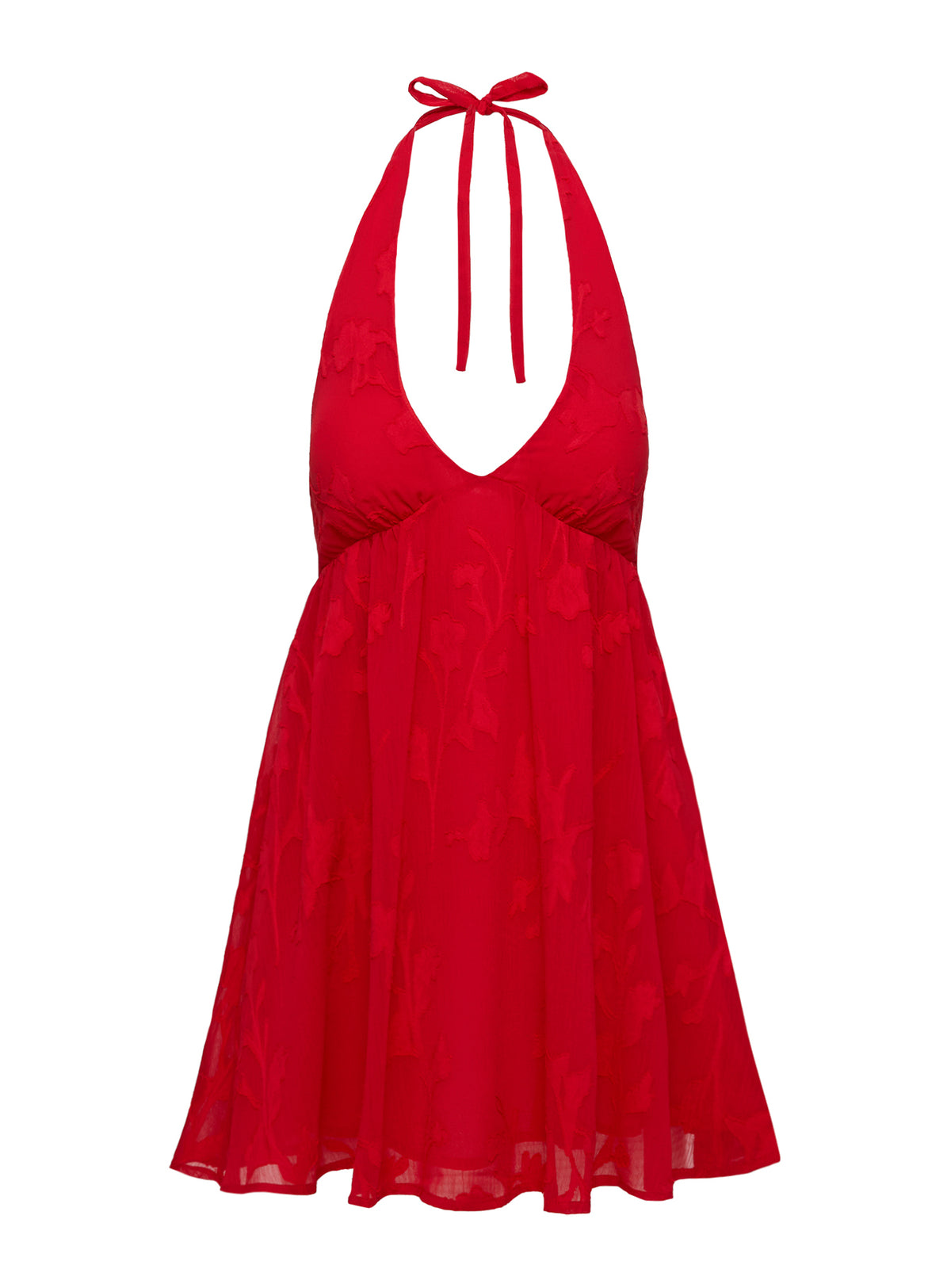 back view of model wearing Princess Polly Moriah Halter Mini Dress Red Plunger 