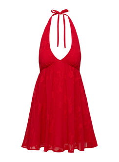 back view of model wearing Princess Polly Moriah Halter Mini Dress Red Plunger 