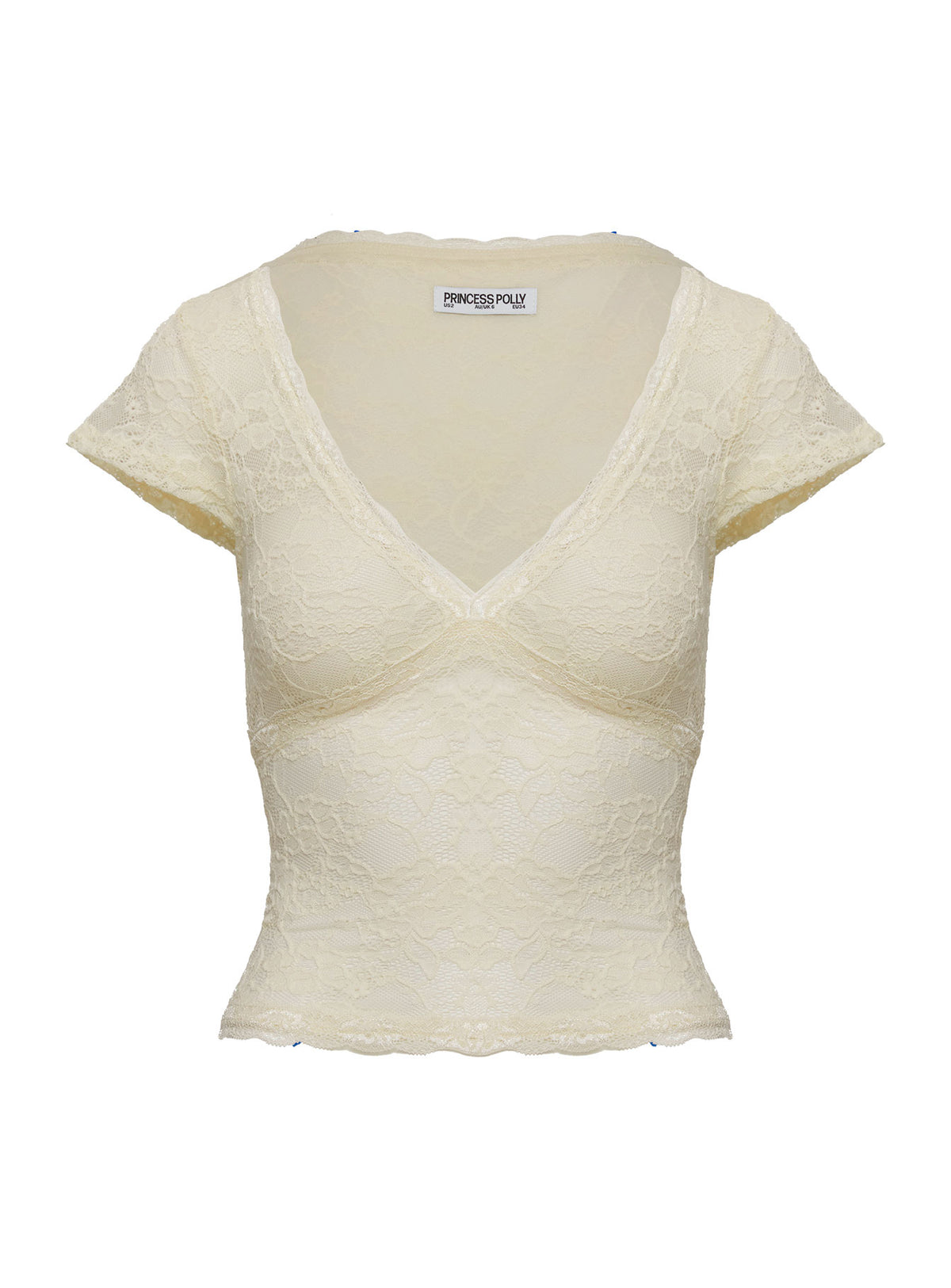 back view of model wearing Princess Polly Most Ardently Lace Top Cream Short Sleeves V-Neck 
