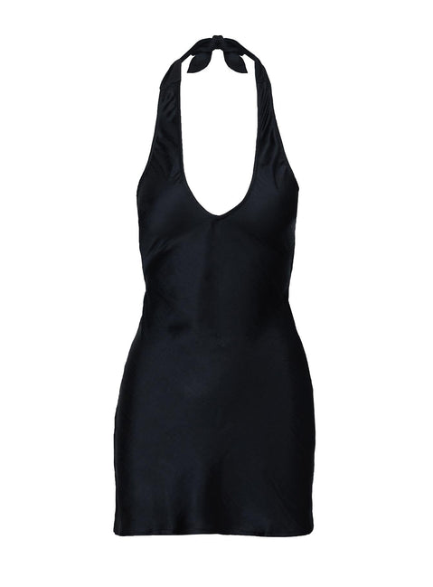 side view of model wearing Princess Polly Mysteria Halter Mini Dress Black Plunger 