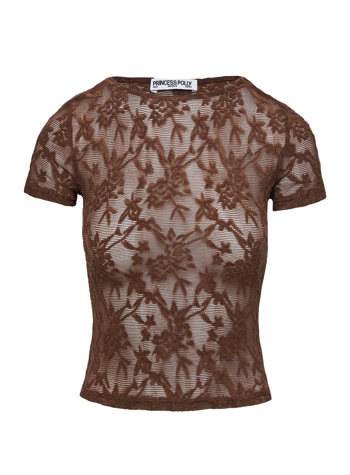 back view of model wearing Princess Polly Martine Sheer Short Sleeve Top Brown Short Sleeves Crew Neck 