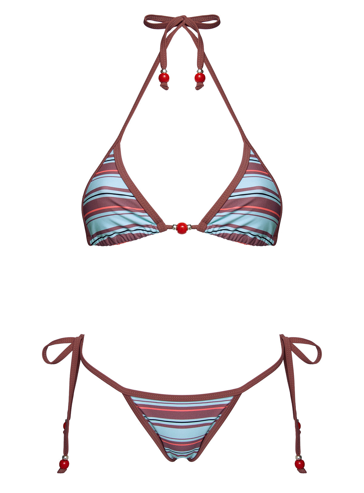 Mikaya Beaded Triangle Bikini Top Blue / Brown Stripe
