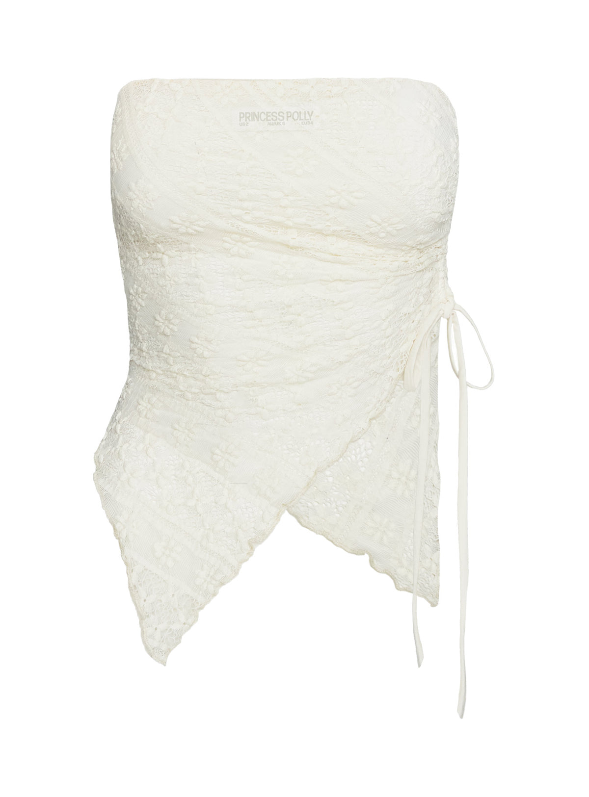 back view of model wearing Princess Polly More Dimes Asymmetrical Strapless Top Cream Sleeveless straight 