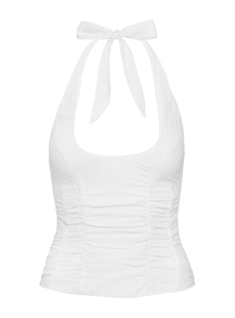 side view of model wearing Princess Polly Nataliya Halter Top White Sleeveless Scoop Neck 