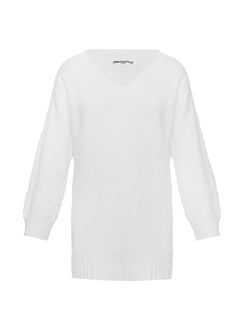 back view of model wearing Princess Polly Fine Line Long Sleeve Knit Mini Dress White V-Neck 