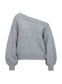 back view of model wearing Princess Polly Noble Off The Shoulder Sweater Grey Jumpers 
