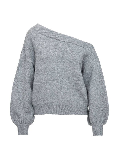 back view of model wearing Princess Polly Noble Off The Shoulder Sweater Grey Jumpers 