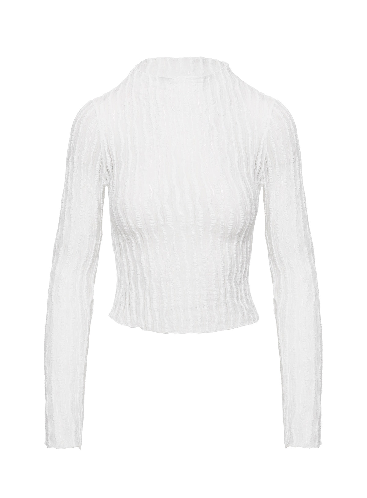 side view of model wearing Princess Polly Padra Long Sleeve Top White Full Sleeves High Neck 