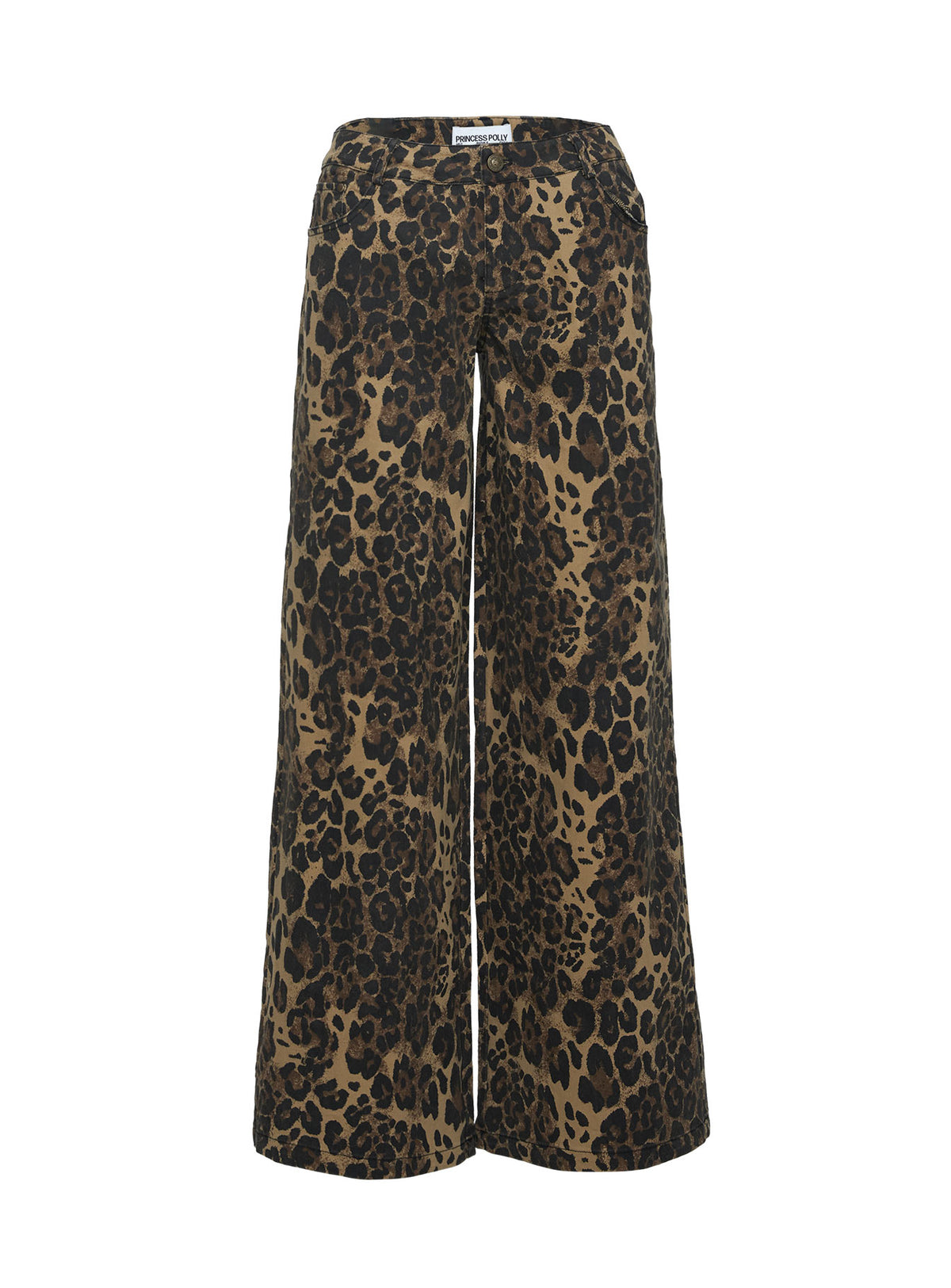 back view of model wearing Princess Polly Pantar Low Rise Pants Leopard Petite High Rise Pants Pants 