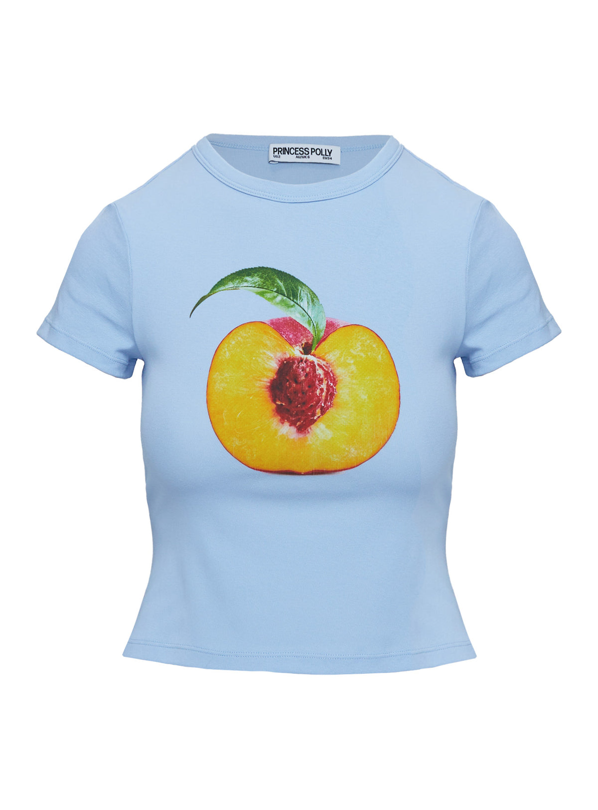 front view of model wearing Princess Polly Peachy Baby Graphic Top Blue Short Sleeves Crew Neck 