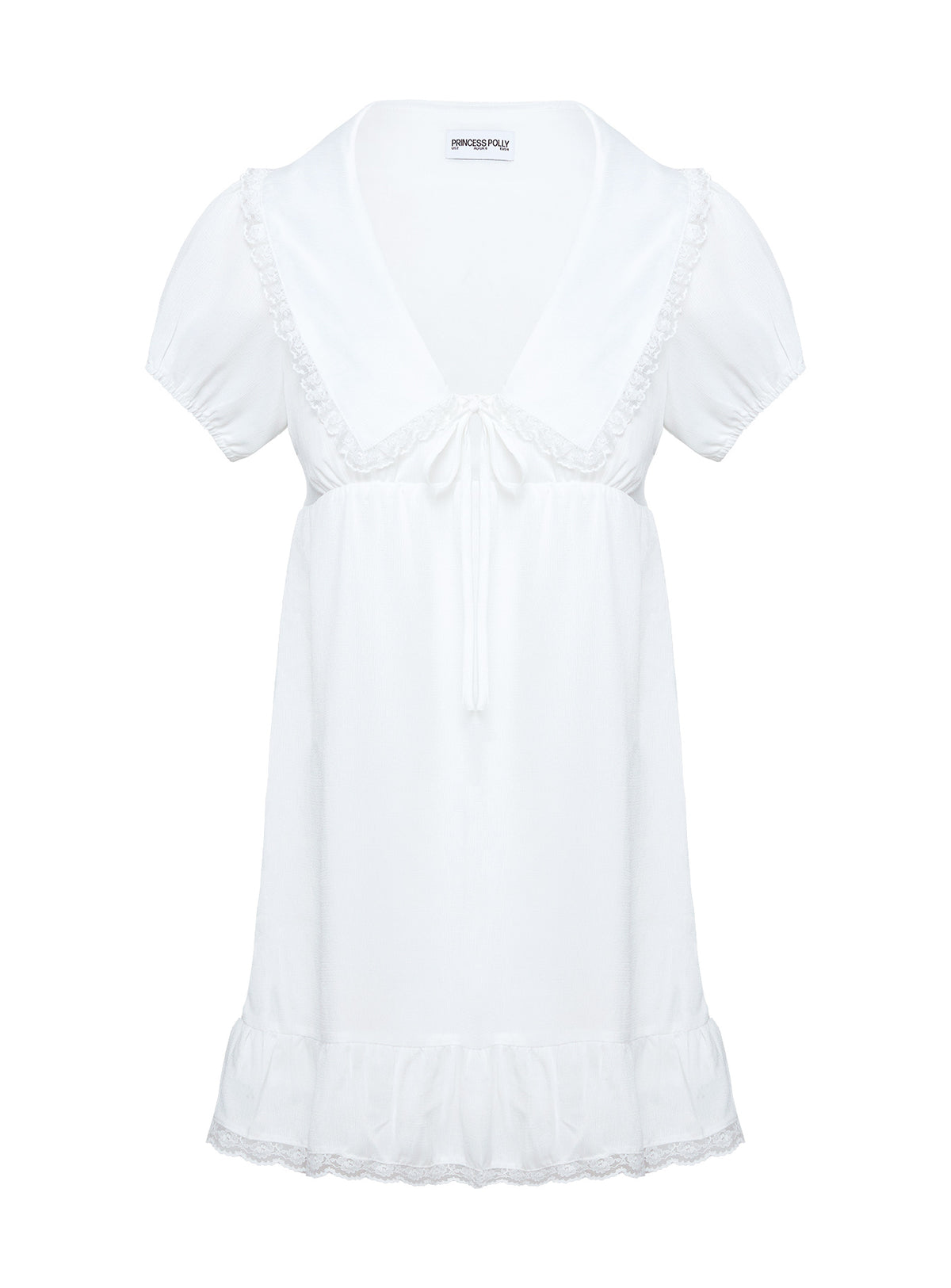 back view of model wearing Princess Polly Penelofie Mini Dress White V-Neck 