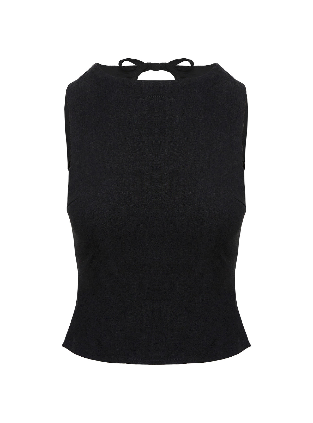 front view of model wearing Princess Polly Penelopie Backless Top Black Sleeveless High Neck 