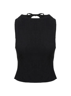 front view of model wearing Princess Polly Penelopie Backless Top Black Sleeveless High Neck 