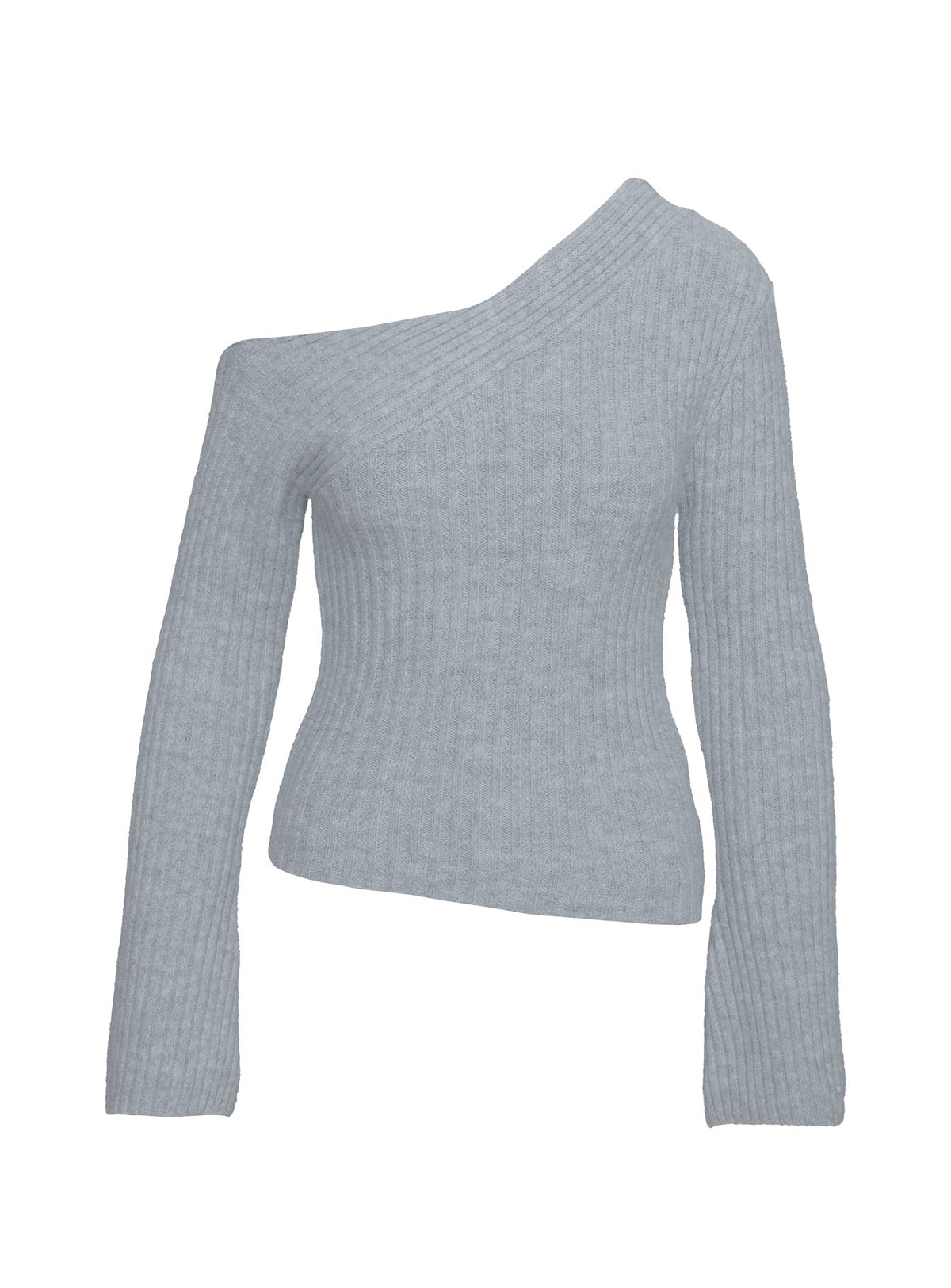 side view of model wearing Princess Polly Phillips Cold Shoulder Sweater Grey Cropped Jumpers Jumpers 