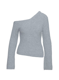 side view of model wearing Princess Polly Phillips Cold Shoulder Sweater Grey Cropped Jumpers Jumpers 