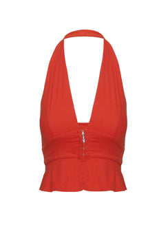 back view of model wearing Princess Polly Pleasing Top Red Sleeveless Plunger 