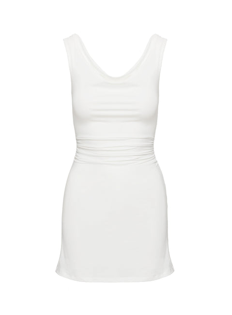 back view of model wearing Princess Polly Renault Mini Dress White Cowl Neck 