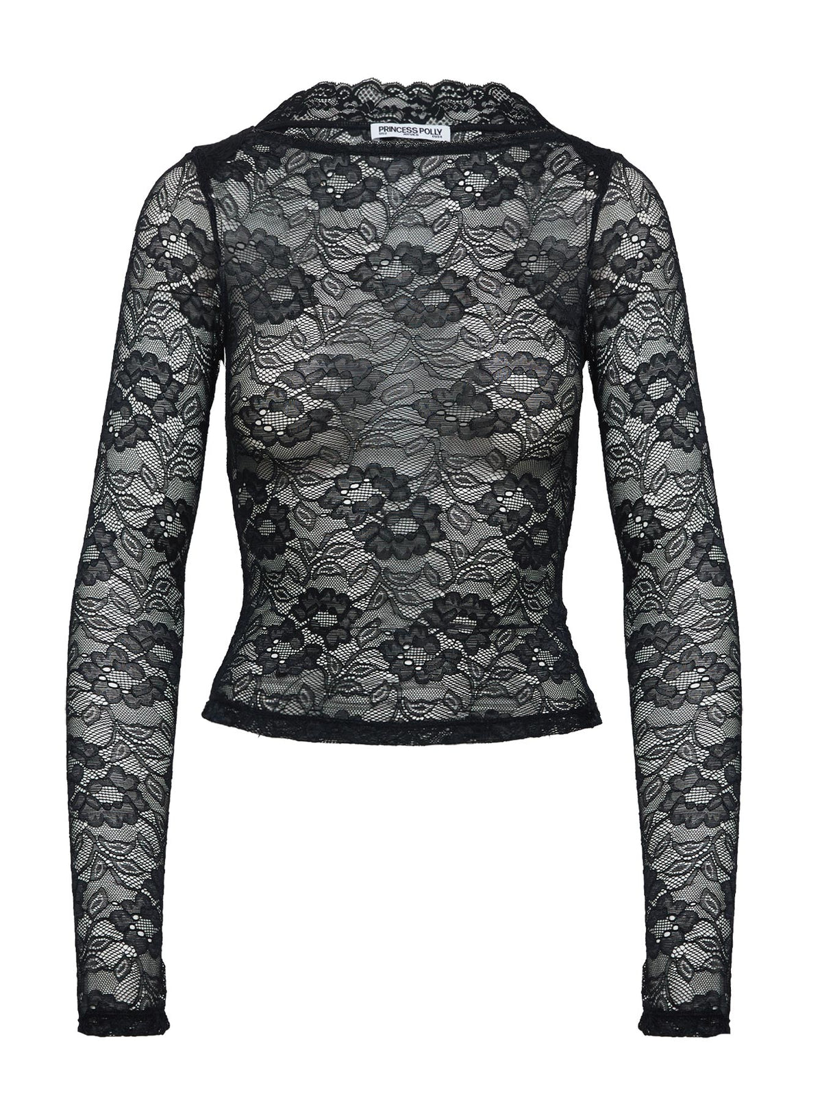 side view of model wearing Princess Polly Risque Long Sleeve Top Black Full Sleeves Boat Neck 