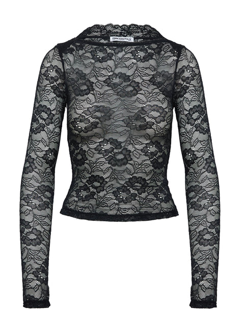 side view of model wearing Princess Polly Risque Long Sleeve Top Black Full Sleeves Boat Neck 