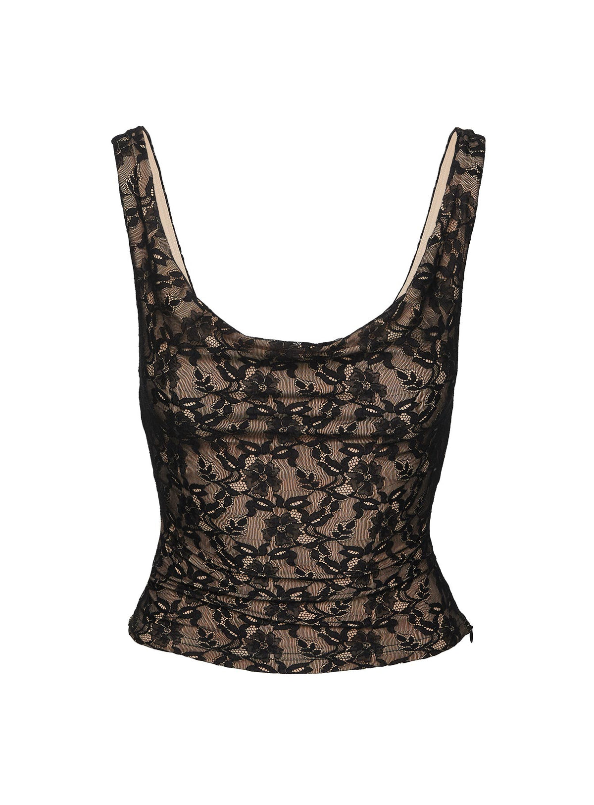 back view of model wearing Princess Polly Romani Lace Top Black Sleeveless Cowl 