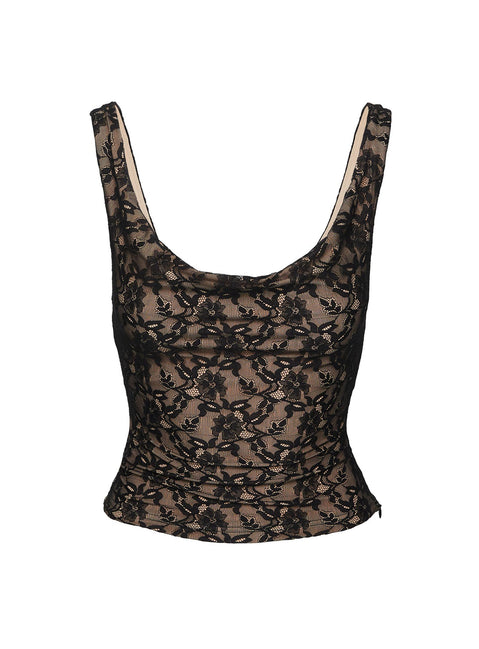 back view of model wearing Princess Polly Romani Lace Top Black Sleeveless Cowl 
