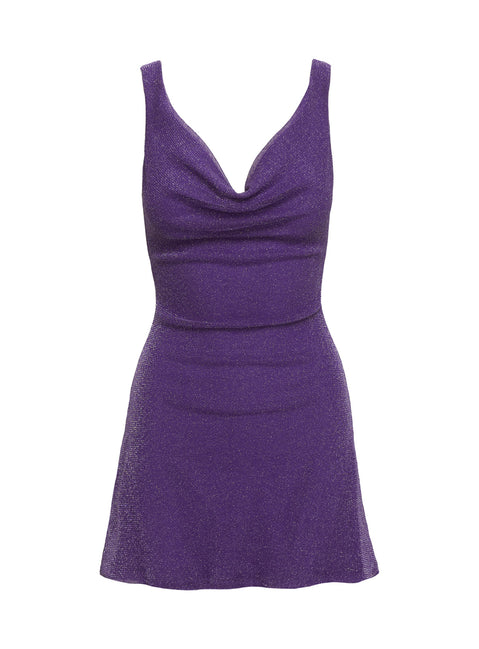 side view of model wearing Princess Polly Romani Mini Dress Purple Glitter Cowl Neck 