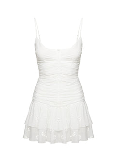 back view of model wearing Princess Polly Rothea Mini Dress White Brodierie Plunger 