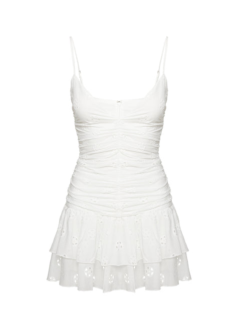 back view of model wearing Princess Polly Rothea Mini Dress White Brodierie Plunger 