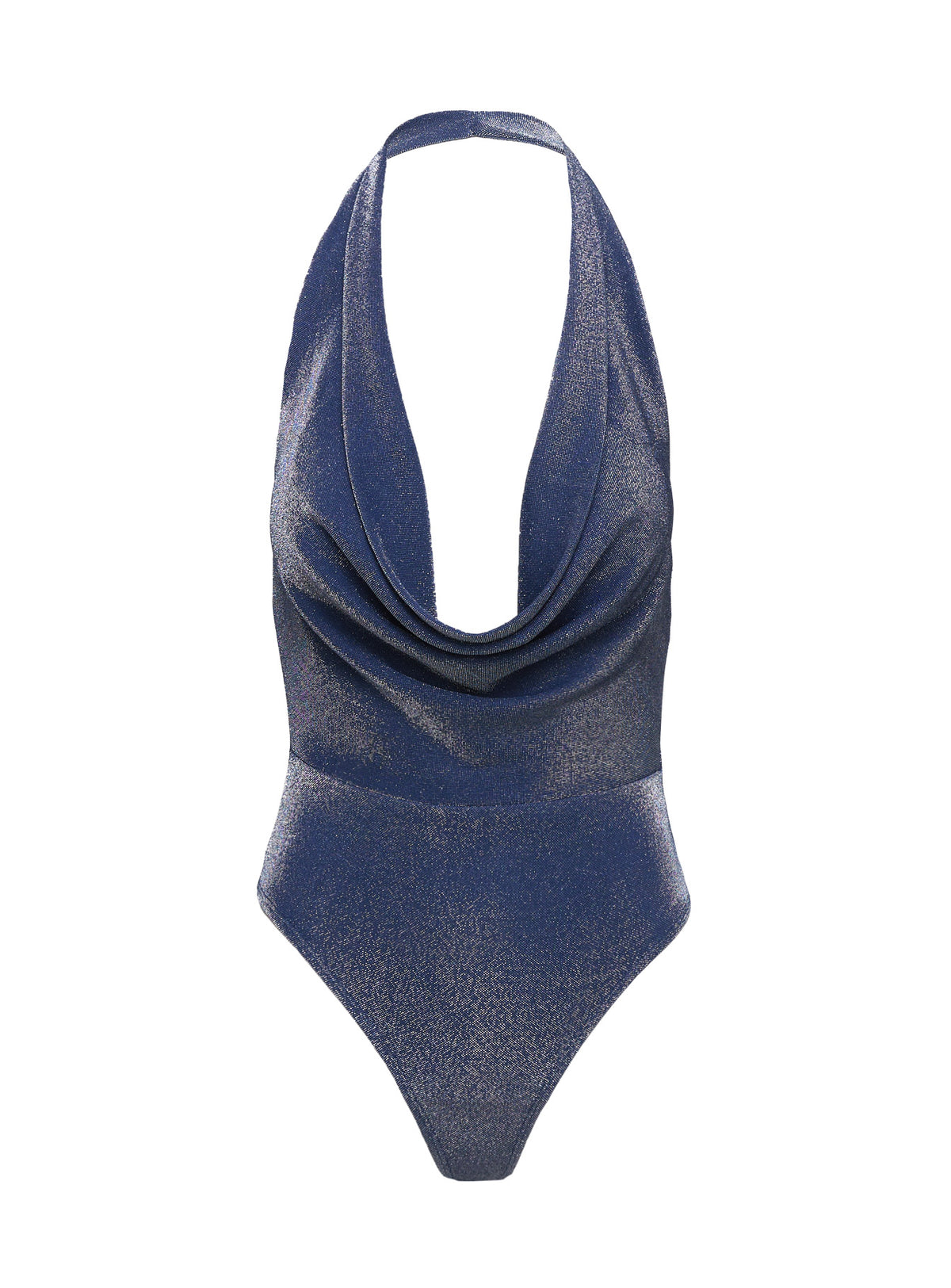 back view of model wearing Princess Polly Rumie Plunge Neck Bodysuit Blue Sleeveless Bodysuit 