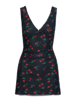 back view of model wearing Princess Polly Rosaria Mini Dress Black / Cherries Plunger 