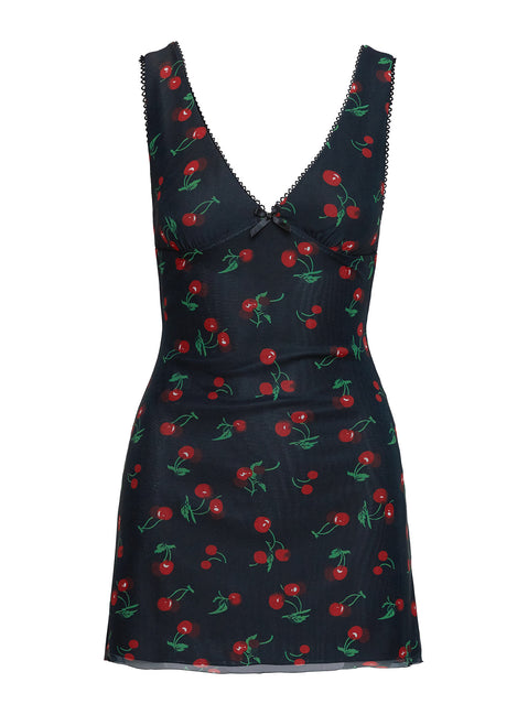 back view of model wearing Princess Polly Rosaria Mini Dress Black / Cherries Plunger 