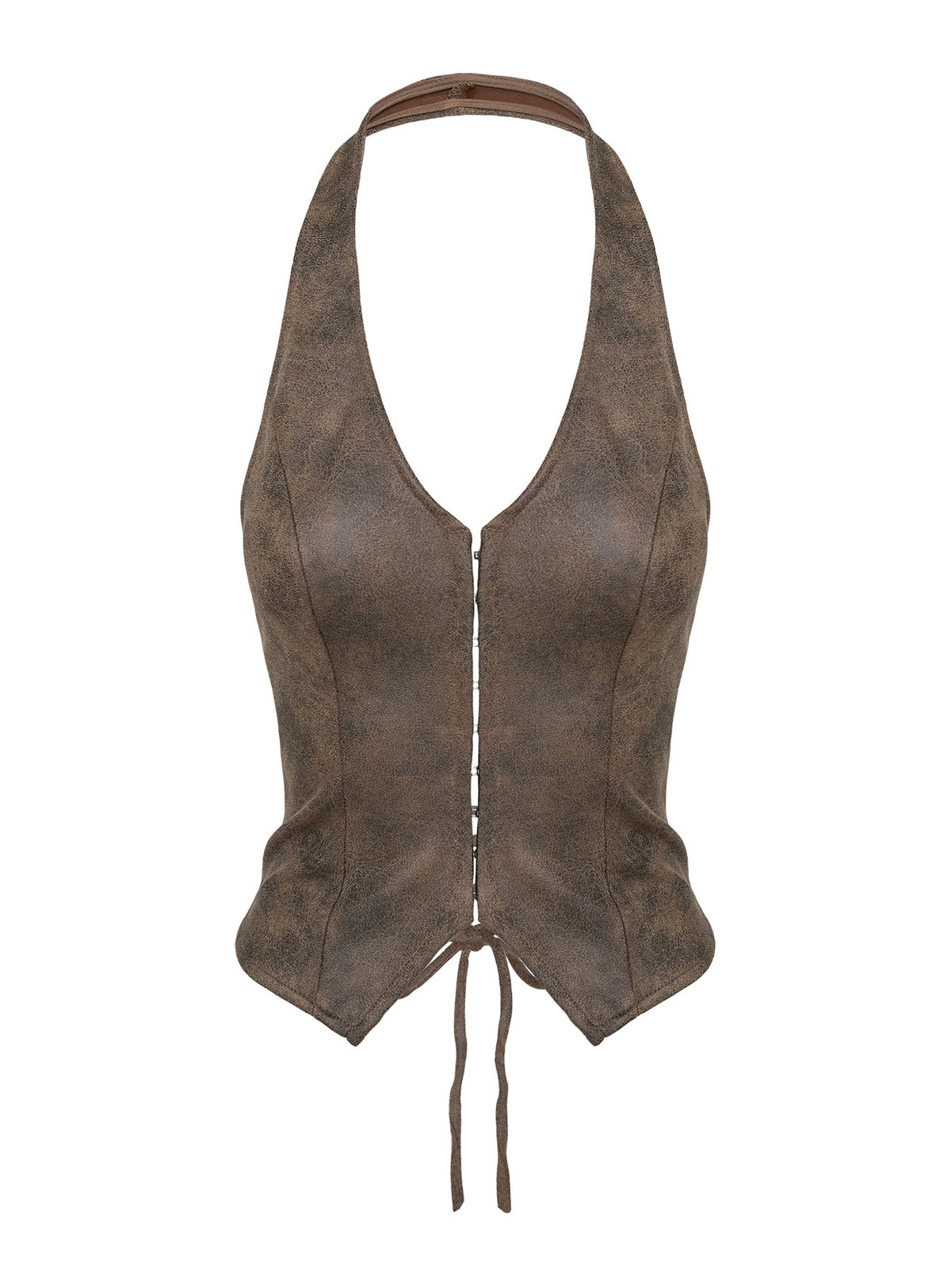side view of model wearing Princess Polly Running Away Faux Leather Halter Top Brown Sleeveless Plunger 