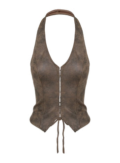 side view of model wearing Princess Polly Running Away Faux Leather Halter Top Brown Sleeveless Plunger 