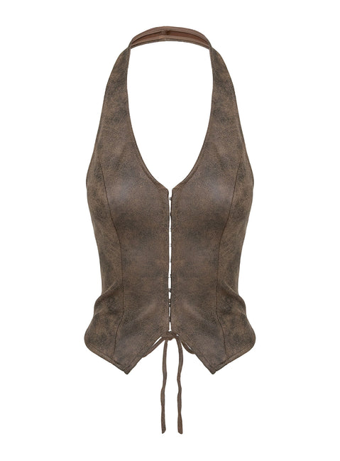 side view of model wearing Princess Polly Running Away Faux Leather Halter Top Brown Sleeveless Plunger 