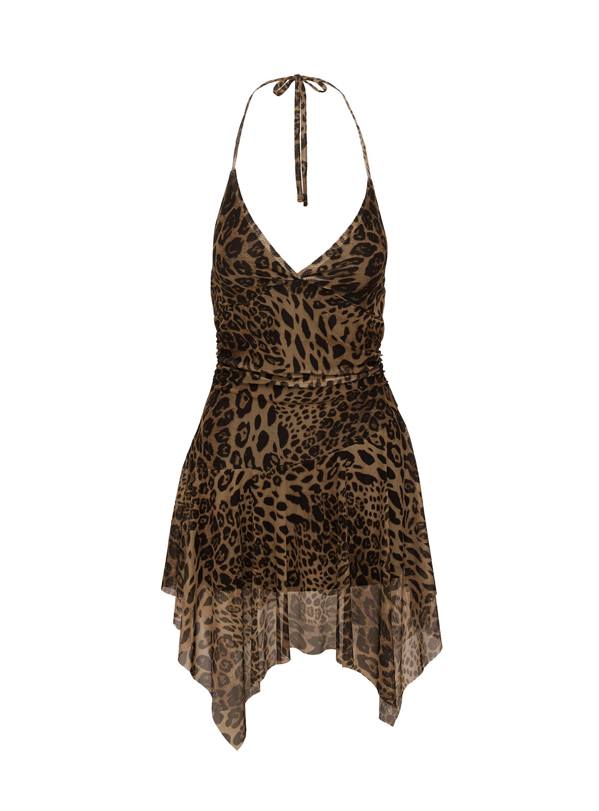 back view of model wearing Princess Polly Sabetha Mini Dress Leopard Plunger 