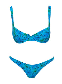 Blue floral Bikini top Shine material, adjustable shoulder straps, wired cups, clasp fastening at back