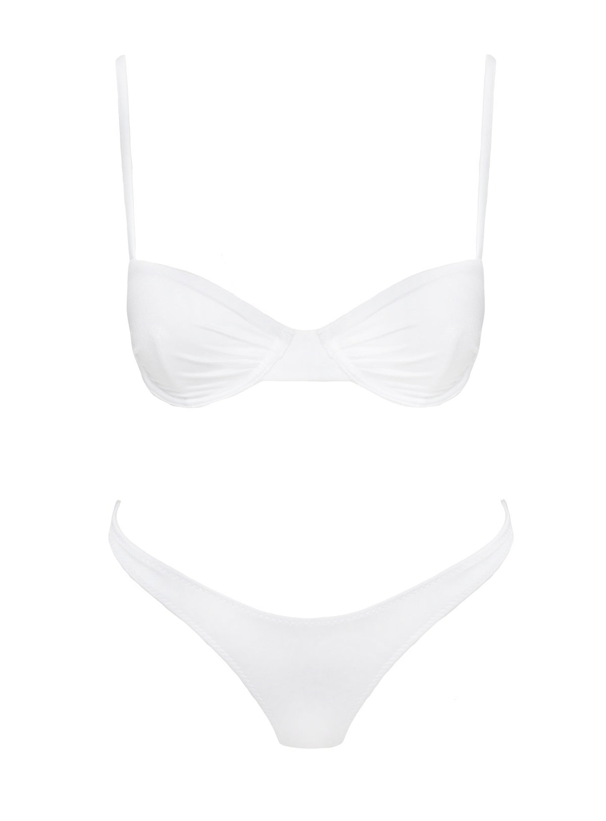 White Bikini top Shine material, adjustable shoulder straps, wired cups, clasp fastening at back