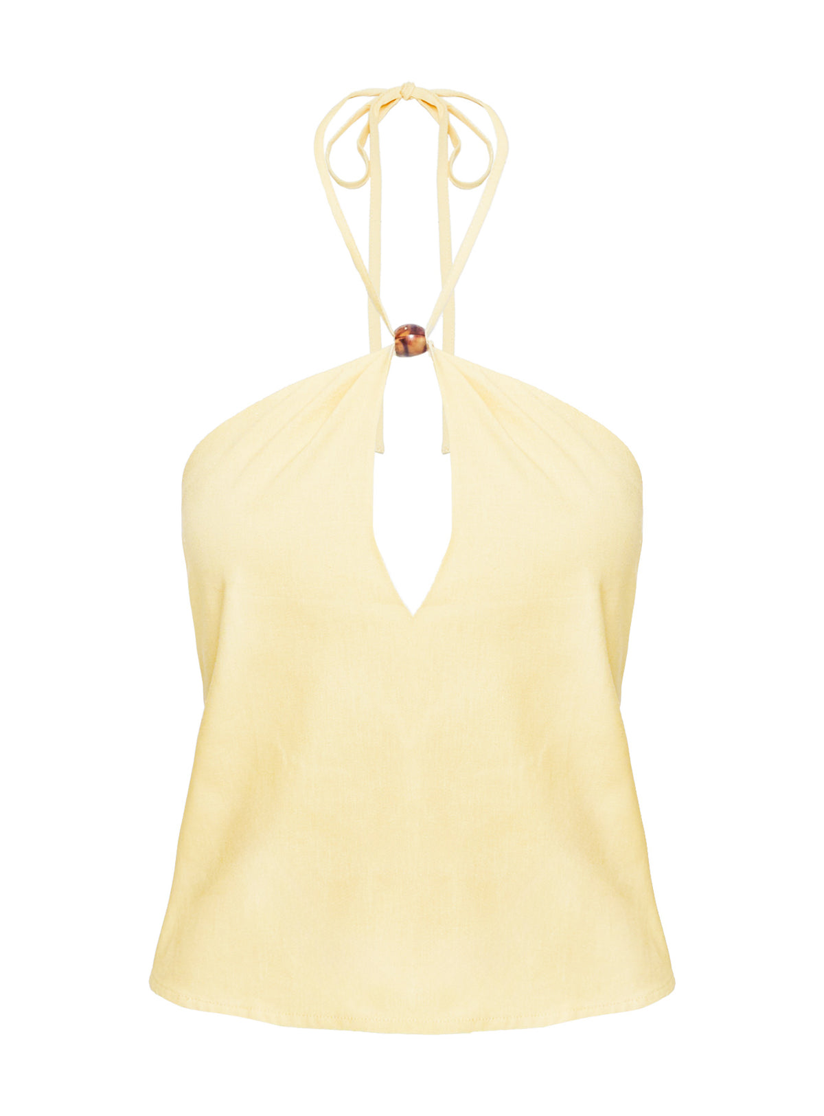 front view of model wearing Princess Polly Santorini Crush Bead Detail Top Lemon Sleeveless Asymmetric Neckline 
