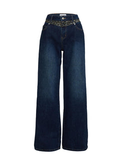 product Princess Polly Savenna Mid Rise Wide Leg Jeans Dark Wash / Leopard High Rise Jeans Jeans 
