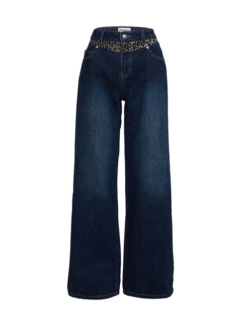 product Princess Polly Savenna Mid Rise Wide Leg Jeans Dark Wash / Leopard High Rise Jeans Jeans 