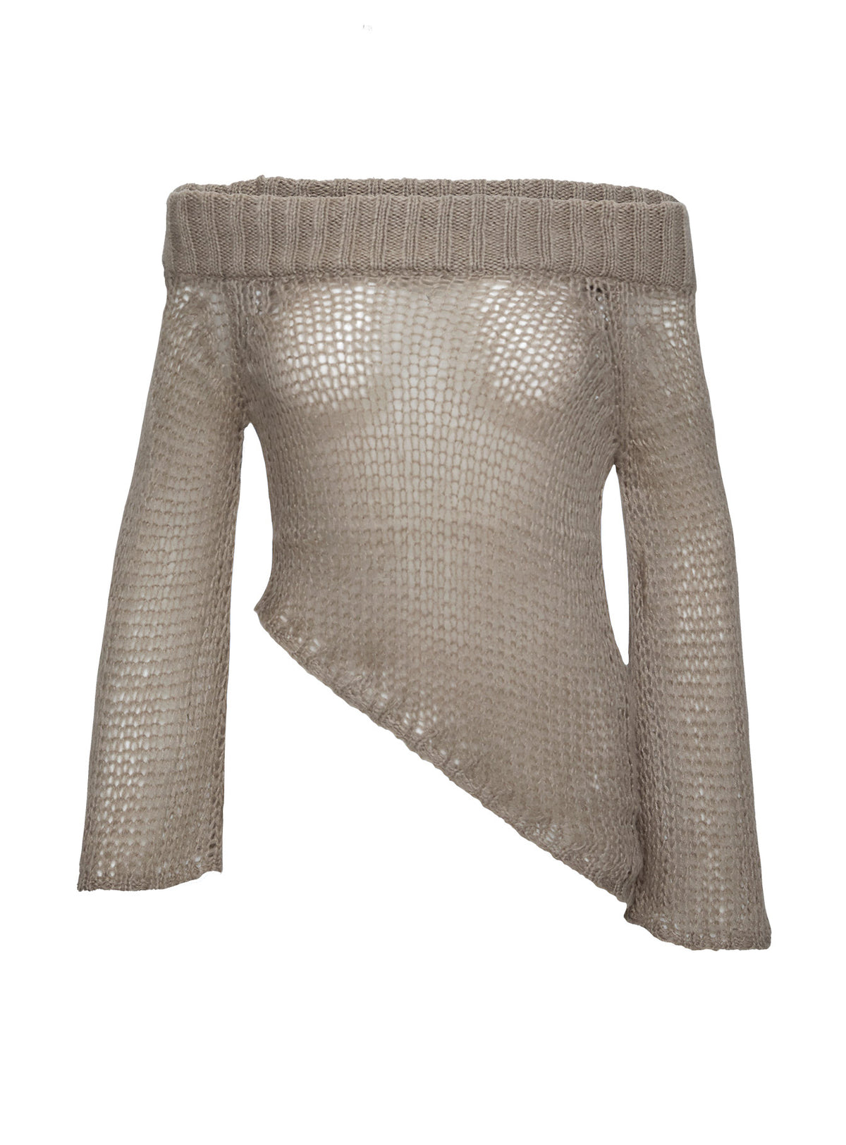 side view of model wearing Princess Polly Shego Off The Shoulder Knit Jumper Taupe Cropped Jumpers Jumpers 