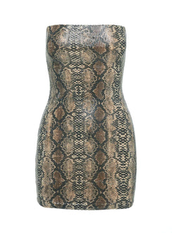 back view of model wearing Princess Polly Sinai Strapless Mini Dress Snake Sequin Straight Neck 